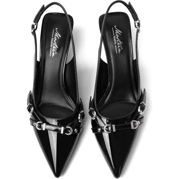 Black Pointed Toe Pumps Leather Low Heel Slingback Heels with Buckle Dress Shoe - Picture 9 of 9